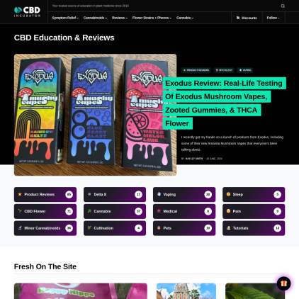 A detailed screenshot showcasing the homepage of cbdincubator.com, highlighting its main features and design elements.