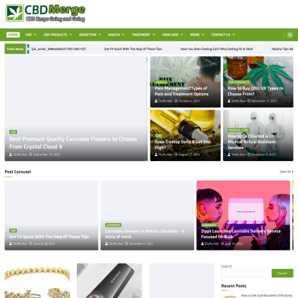 A detailed screenshot showcasing the homepage of cbdmerge.com, highlighting its main features and design elements.