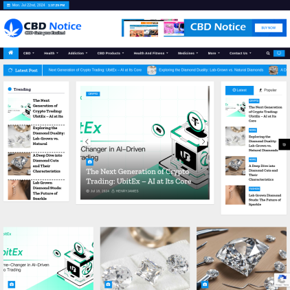 A detailed screenshot showcasing the homepage of cbdnotice.com, highlighting its main features and design elements.