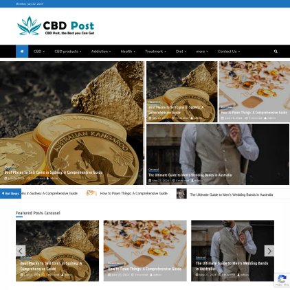 A detailed screenshot showcasing the homepage of cbdpost.us, highlighting its main features and design elements.