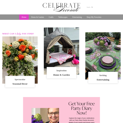 A detailed screenshot showcasing the homepage of celebrateanddecorate.com, highlighting its main features and design elements.