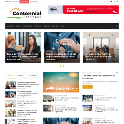 A detailed screenshot showcasing the homepage of centennial-realestate.com, highlighting its main features and design elements.