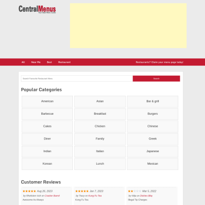 A detailed screenshot showcasing the homepage of centralmenus.com, highlighting its main features and design elements.