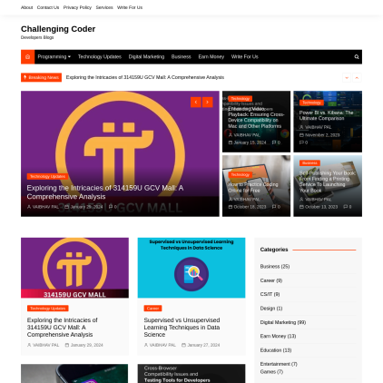 A detailed screenshot showcasing the homepage of challengingcoder.com, highlighting its main features and design elements.