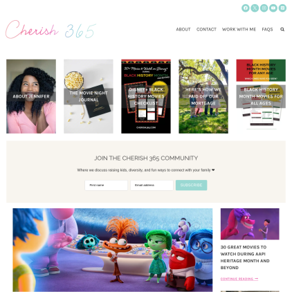 A detailed screenshot showcasing the homepage of cherish365.com, highlighting its main features and design elements.