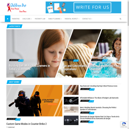 A detailed screenshot showcasing the homepage of childrendot.com, highlighting its main features and design elements.