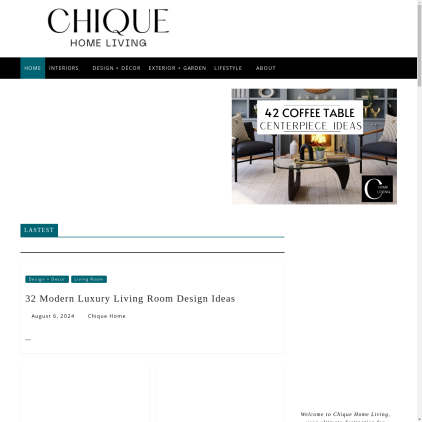 A detailed screenshot showcasing the homepage of chiquehomeliving.com, highlighting its main features and design elements.