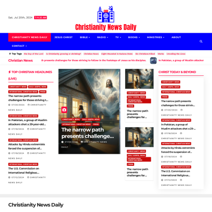 A detailed screenshot showcasing the homepage of christianitynewsdaily.com, highlighting its main features and design elements.