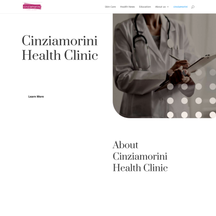 A detailed screenshot showcasing the homepage of cinziamorini.com, highlighting its main features and design elements.