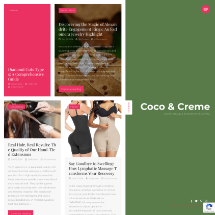 A detailed screenshot showcasing the homepage of cocoandcreme.com, highlighting its main features and design elements.