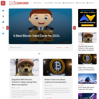 A detailed screenshot showcasing the homepage of coinfunda.com, highlighting its main features and design elements.