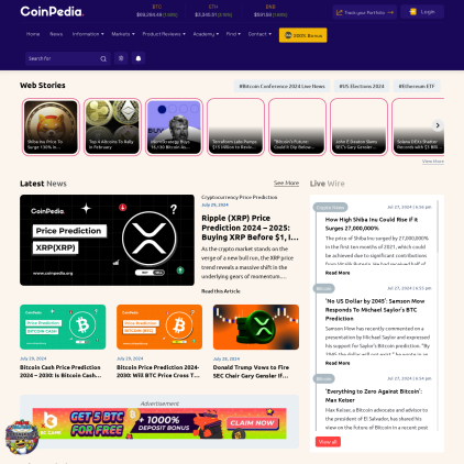 A detailed screenshot showcasing the homepage of coinpedia.org, highlighting its main features and design elements.