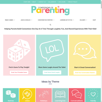 A detailed screenshot showcasing the homepage of confessionsofparenting.com, highlighting its main features and design elements.