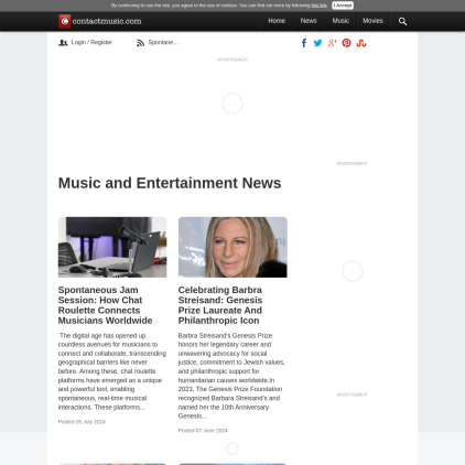 A detailed screenshot showcasing the homepage of contactmusic.com, highlighting its main features and design elements.