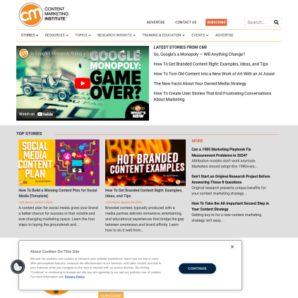 A detailed screenshot showcasing the homepage of contentmarketinginstitute.com, highlighting its main features and design elements.