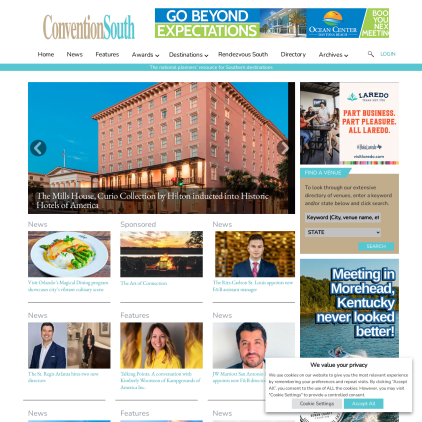 A detailed screenshot showcasing the homepage of conventionsouth.com, highlighting its main features and design elements.