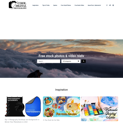 A detailed screenshot showcasing the homepage of cooldigital.photography, highlighting its main features and design elements.