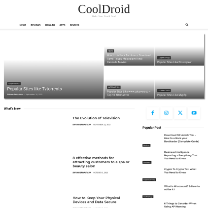 A detailed screenshot showcasing the homepage of cooldroid.net, highlighting its main features and design elements.