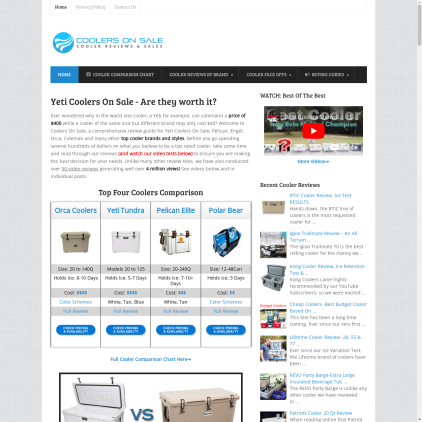 A detailed screenshot showcasing the homepage of coolersonsale.com, highlighting its main features and design elements.