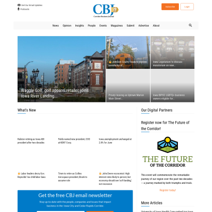 A detailed screenshot showcasing the homepage of corridorbusiness.com, highlighting its main features and design elements.