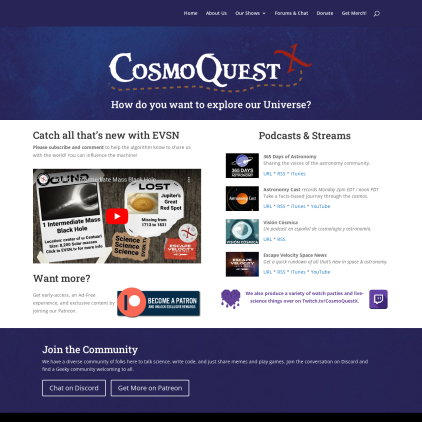 A detailed screenshot showcasing the homepage of cosmoquest.org, highlighting its main features and design elements.