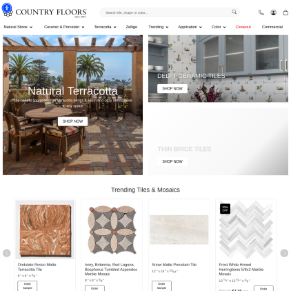 A detailed screenshot showcasing the homepage of countryfloors.com, highlighting its main features and design elements.