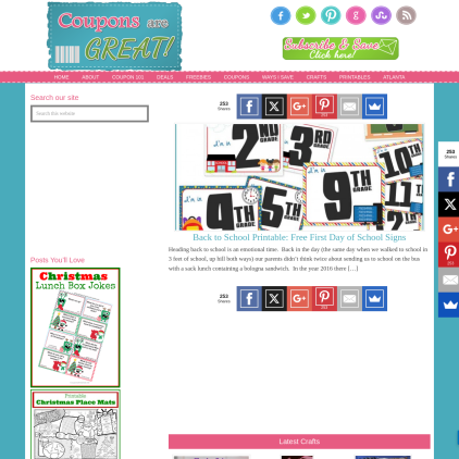 A detailed screenshot showcasing the homepage of couponsaregreat.net, highlighting its main features and design elements.