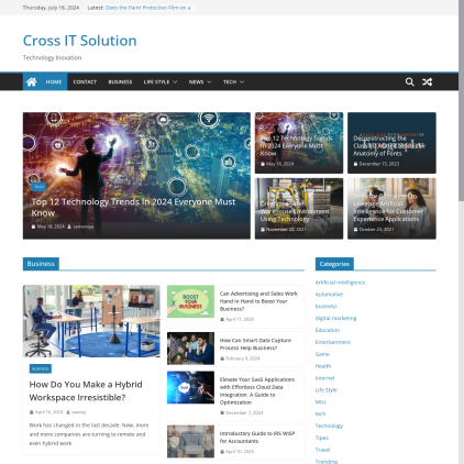 A detailed screenshot showcasing the homepage of crossitsolution.com, highlighting its main features and design elements.