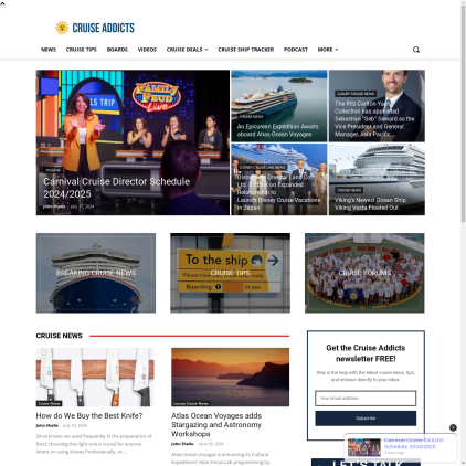 A detailed screenshot showcasing the homepage of cruiseaddicts.com, highlighting its main features and design elements.