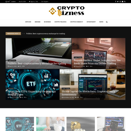 A detailed screenshot showcasing the homepage of crypto-bizness.com, highlighting its main features and design elements.