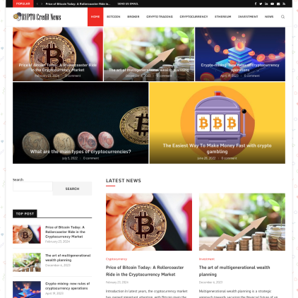 A detailed screenshot showcasing the homepage of cryptocreditnews.com, highlighting its main features and design elements.