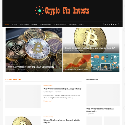 A detailed screenshot showcasing the homepage of cryptofininvests.com, highlighting its main features and design elements.