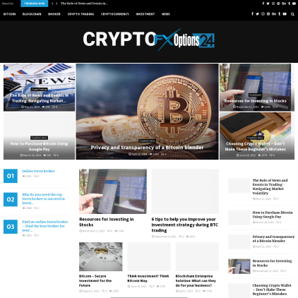 A detailed screenshot showcasing the homepage of cryptofxoptions24.com, highlighting its main features and design elements.