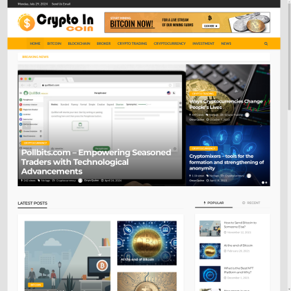 A detailed screenshot showcasing the homepage of cryptoincoin.com, highlighting its main features and design elements.