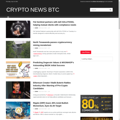 A detailed screenshot showcasing the homepage of cryptonewsbtc.org, highlighting its main features and design elements.