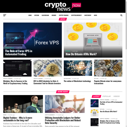 A detailed screenshot showcasing the homepage of cryptonownews.com, highlighting its main features and design elements.