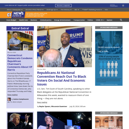 A detailed screenshot showcasing the homepage of ctnewsjunkie.com, highlighting its main features and design elements.