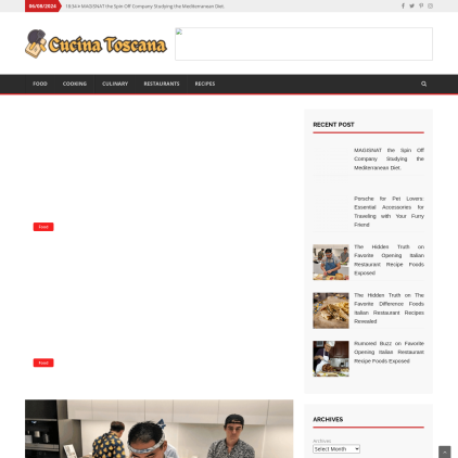 A detailed screenshot showcasing the homepage of cucina-toscana.com, highlighting its main features and design elements.