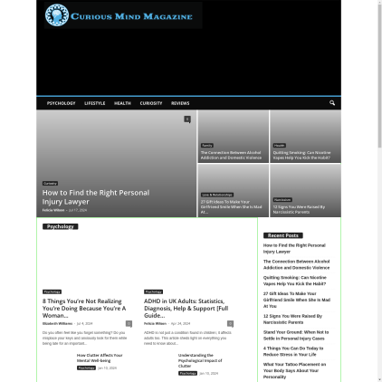 A detailed screenshot showcasing the homepage of curiousmindmagazine.com, highlighting its main features and design elements.