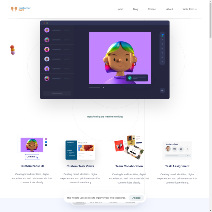 A detailed screenshot showcasing the homepage of customericare.com, highlighting its main features and design elements.