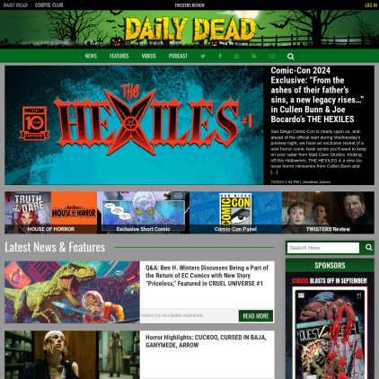 A detailed screenshot showcasing the homepage of dailydead.com, highlighting its main features and design elements.