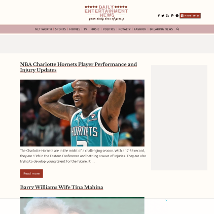 A detailed screenshot showcasing the homepage of dailyentertainmentnews.com, highlighting its main features and design elements.