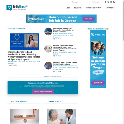 A detailed screenshot showcasing the homepage of dailynurse.com, highlighting its main features and design elements.