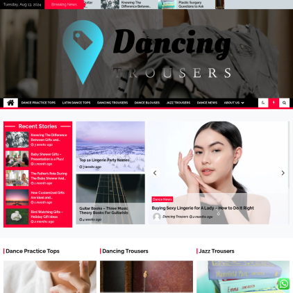 A detailed screenshot showcasing the homepage of dancingtrousers.co.uk, highlighting its main features and design elements.