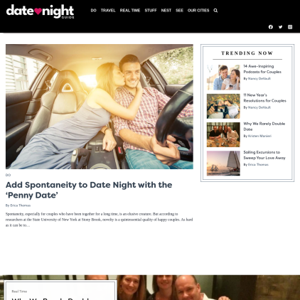 A detailed screenshot showcasing the homepage of datenightguide.com, highlighting its main features and design elements.