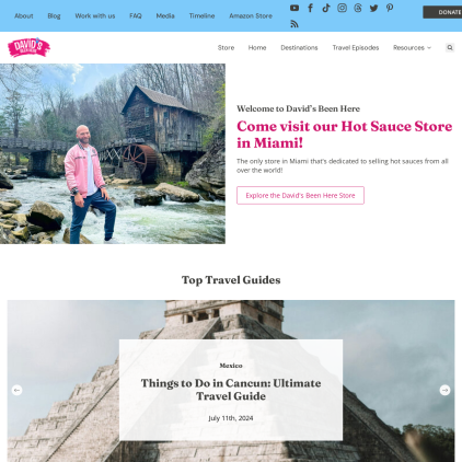 A detailed screenshot showcasing the homepage of davidsbeenhere.com, highlighting its main features and design elements.