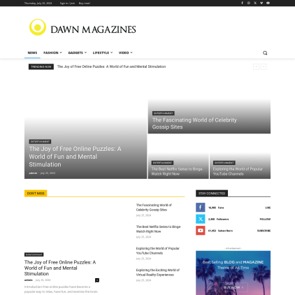 A detailed screenshot showcasing the homepage of dawnmagazines.com, highlighting its main features and design elements.