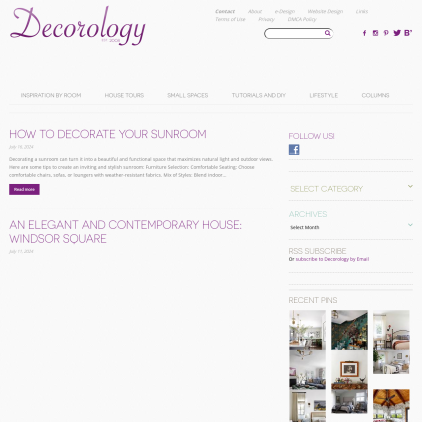 A detailed screenshot showcasing the homepage of decorologyblog.com, highlighting its main features and design elements.