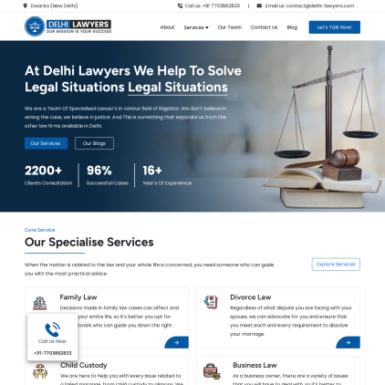 A detailed screenshot showcasing the homepage of delhi-lawyers.com, highlighting its main features and design elements.