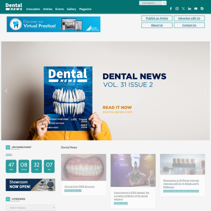 A detailed screenshot showcasing the homepage of dentalnews.com, highlighting its main features and design elements.